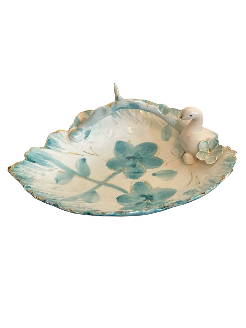 Vintage Italian Ceramic Leaf Trinket Dish Blue Floral Bird Figurine Gold Trim